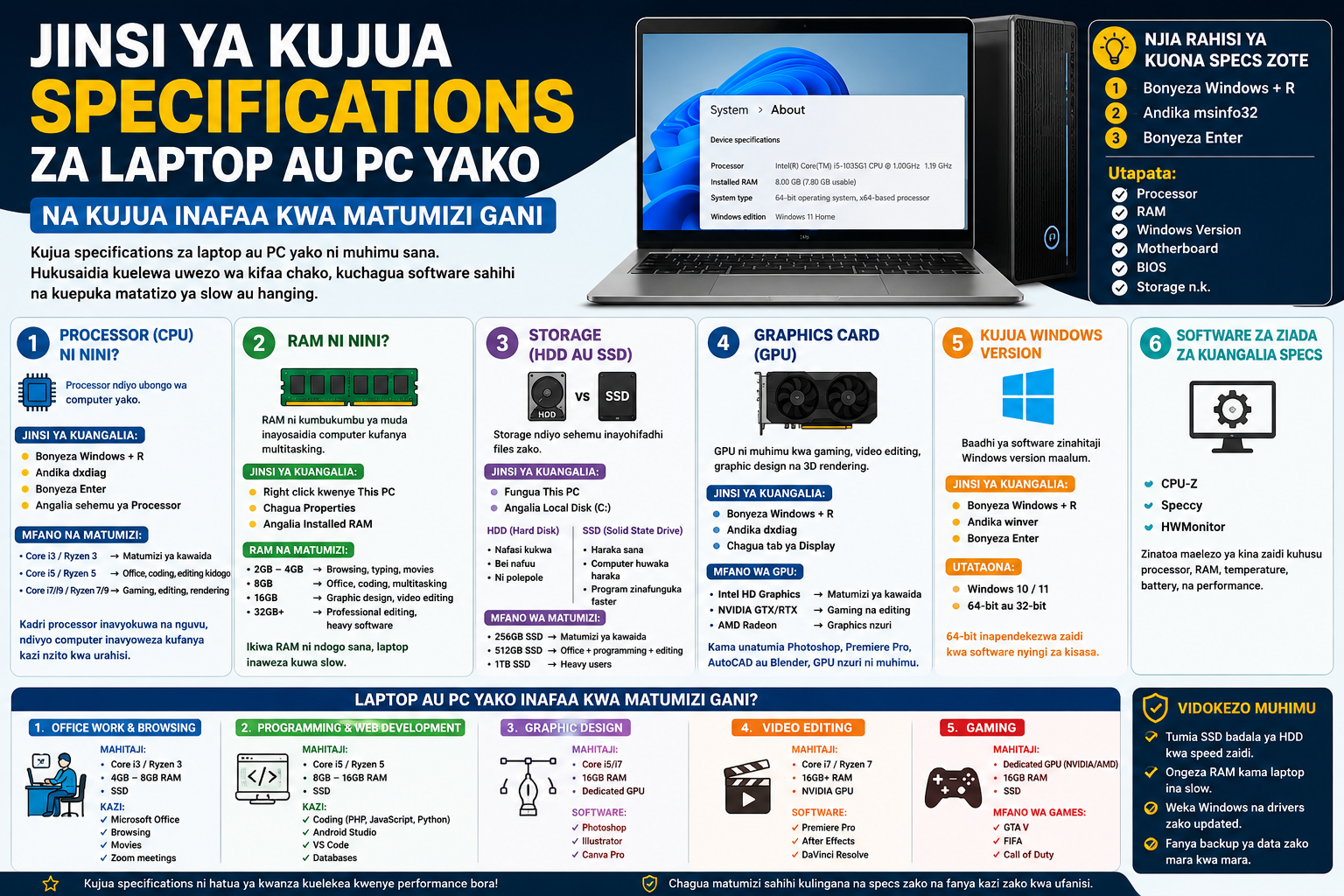 Jinsi ya Kujua Specifications za Laptop au PC Yako na Kujua Inafaa Kwa Matumizi Gani